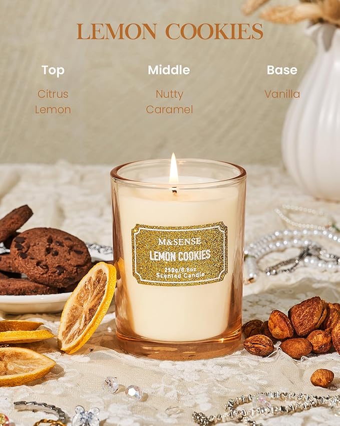 M&SENSE Lemon Scented Candles, Classic Size 8.8 oz Glitter Jar Candles, Holiday Candles Gifts for Women, Strong Scented Natural Soy Candle for Winter Home Decor, 50 Hours Long Burning Candle