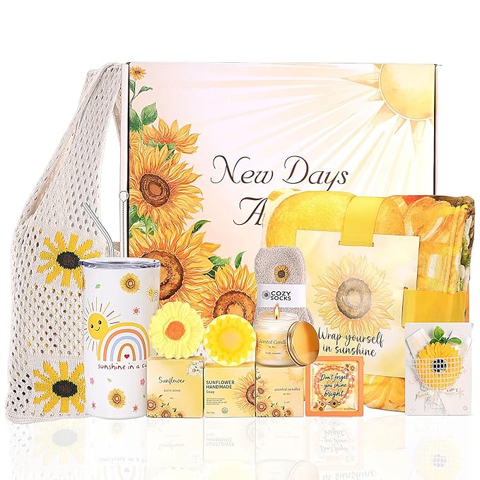 Sunflower Birthday Gifts for Women Self Care Gift - Sending Sunshine Get Well Soon Gifts Sympathy Gift Basket for Women New Mom Care Package, Christmas Gifts Relaxation Gifts for Mom Her Coworkers
