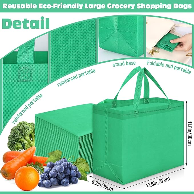 Windyun Reusable Grocery Bags Large Non Woven Shopping Bags with Handles Foldable Portable Tote Bulk, 12.6 x 11.8 x 6.3 Inch