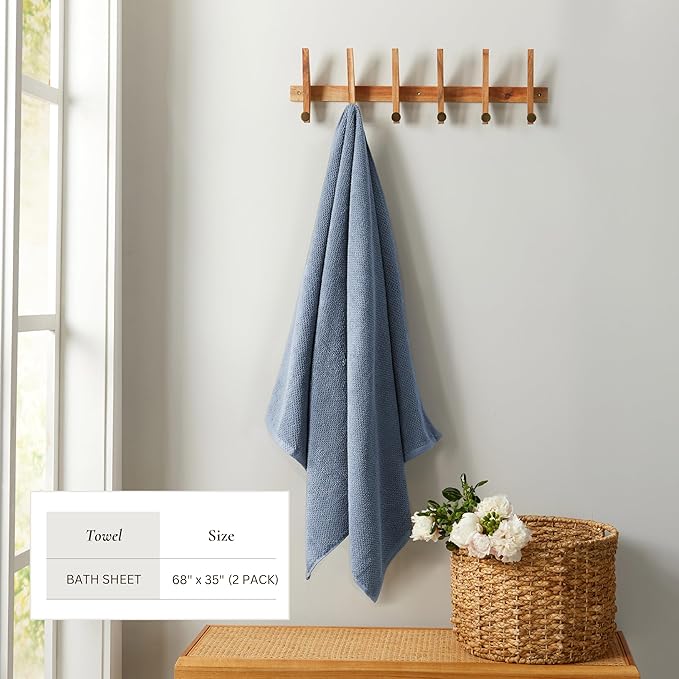 Great Bay Home Blue Bath Sheet - 100% Cotton Oversized 2 Pack 68x35 Towel Set - Absorbent, Quick-Drying, Durable Bath Sheet for Bathroom Decor - Low-Twist, Two-Ply Fibers (Chambrey Blue)