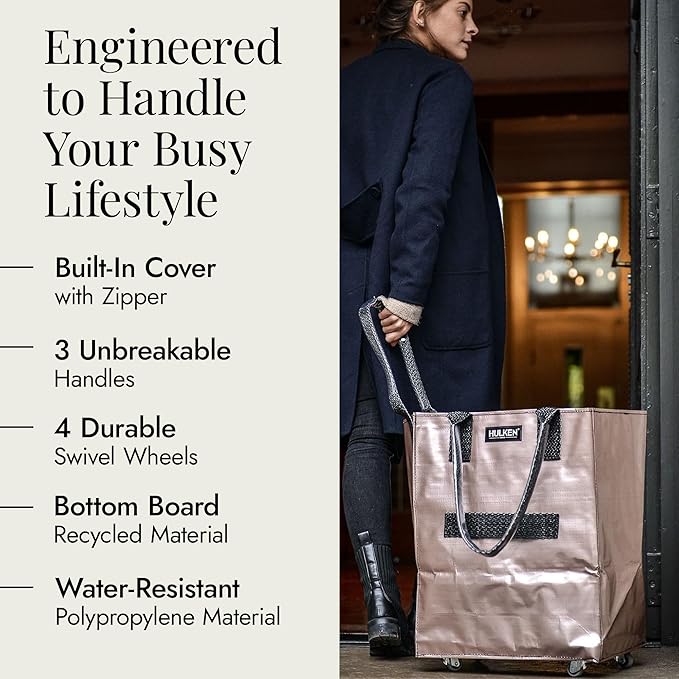 (Medium, Rose Gold) Reusable Grocery Bag On Wheels, Shopping Trolley, Rolling Tote, Zipper Closure, Lightweight, Carries Up to 66 lb, Folds Flat, Unbreakable Handles