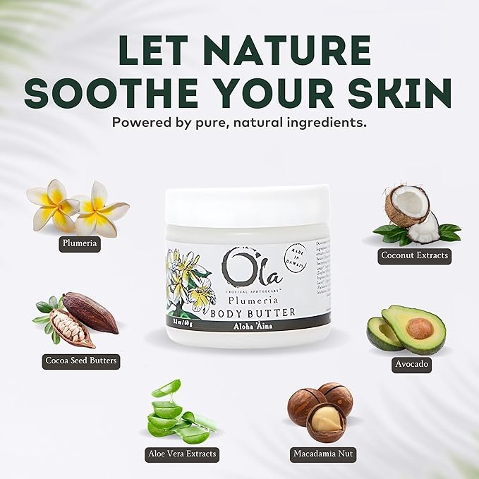 Plumeria Body Butter – Moisturizing with Pure Coconut Oil and Hawaiian Plant Extracts - Ideal for Dry Skin - 5.6oz