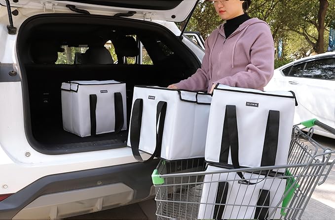 HATHOR Hot Cold Insulated Grocery Bags Reusable Stackable Collapsible Foldable Cooler Boxie Bag Shoping Totes for Groceries in Car, Frozen Food & Travel