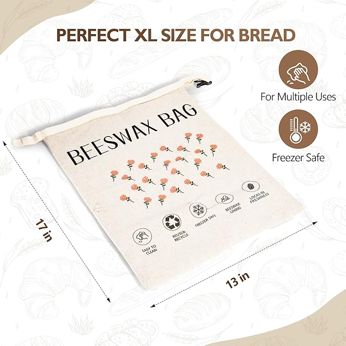 2-Pack Reusable Beeswax Bread Bags for Homemade Bread Sourdough, 2 Natural Beeswax 100% Linen Moisture-proof Lined Storage Bags with Buckle& 1 Bowl Covers –Easy to Clean,Safe,Keeps Bakes Fresh Longer
