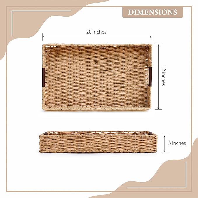 Handwoven Multipurpose Rectangle Rattan Tray, 20” x 12” – Durable Wicker Tray with Leather Handles for Home Decor Display