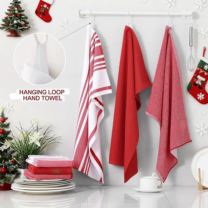 Homaxy Premium Kitchen Towels(18”x 28”, 12 Pack), Large Cotton 380 GSM Kitchen Hand Towels, Soft and Absorbent Terry Dish Towels, Multipurpose Tea Towel Set with Hanging Loop, Red