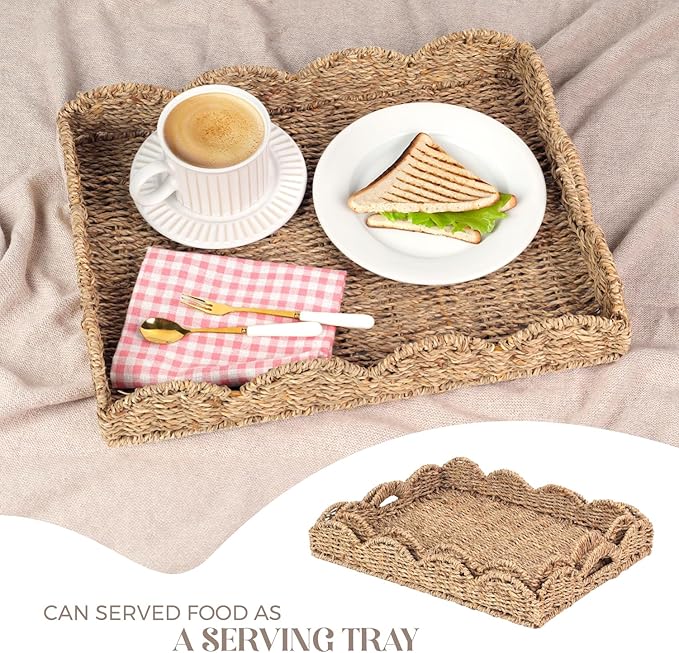 Seagrass Serving Tray with Scalloped Edge and Built-in Handles (17" x 13" x 3")