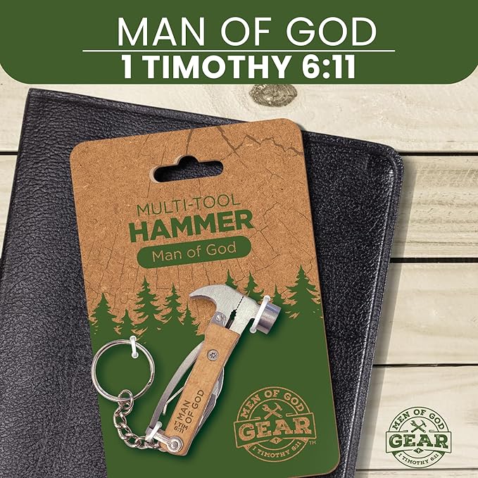 5-in-1 Hammer Keychain Multi-Tool - Laser-Engraved Man of God, 1 Tim 6:11 Scripture - Multitool Keychain Pliers with Blade, Opener, Nail Pry & More - Christian Pocket Tools For Men