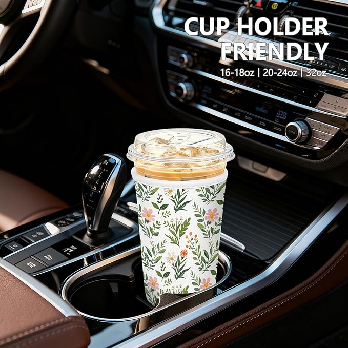 Iced Coffee Sleeve, Reusable Insulated Neoprene Cup Sleeve for Cold & Hot Drinks Beverages, Cup Holder for 32oz Coffee Cups,White Leaves