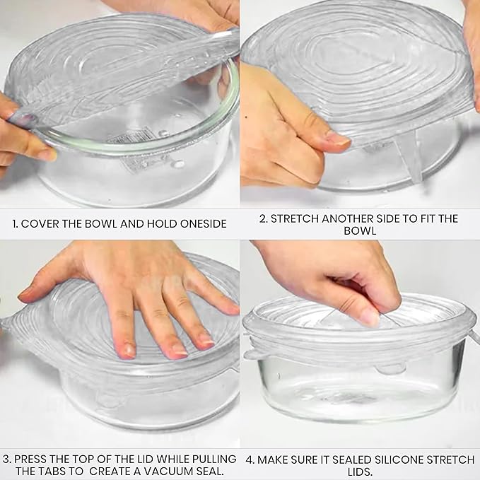6pcs Silicone Stretch Lids – Reusable Food Covers for Bowls, Cups, Jars, and Containers – Durable, Expandable, Airtight Seal to Keep Food Fresh and Reduce Waste