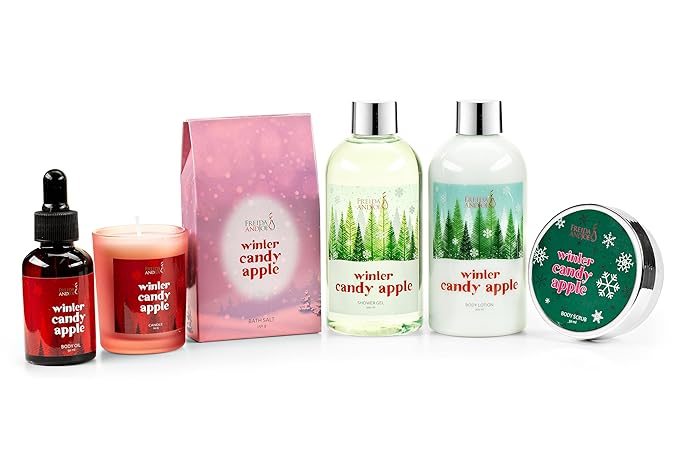7-Piece Bath and Body Gift Set for Women with Shower Gel, Body Lotion, Body Scrub, Body Oil, Bath Salt, and Scented Candle – Perfect Spa Gift (Winter Candy Apple)