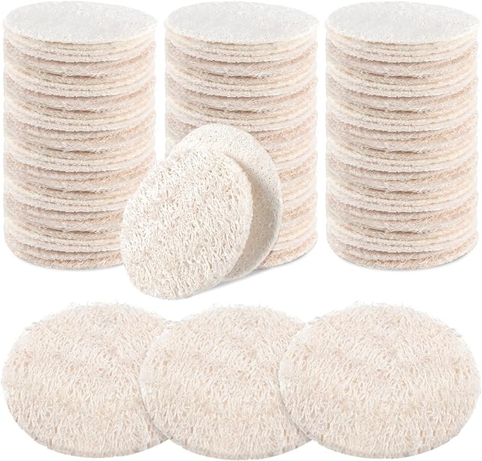 Bokon 100 Pcs Loofah Exfoliating Face Pads 2.36 Inches Round Natural Loofah Sponge Loofah Body Face Scrubber Remove Dead Skin Facial Loofah Pad Bulk for Bath Shower Spa Skin Scrub Cleaning Women Men