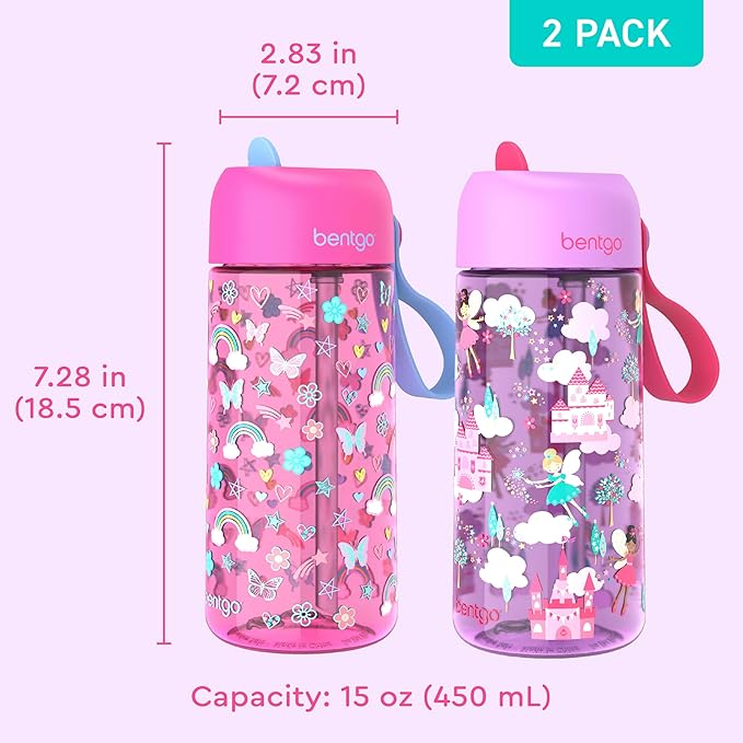 Bentgo Kids Water Bottle 2-Pack - Leak-Proof, Durable Tritan, BPA-Free 15 oz Cup for Kids/Toddlers 3+; Flip-Up Straw; Dishwasher Safe for School/Sports/Daycare/Camp (Rainbows & Butterflies/Fairies)