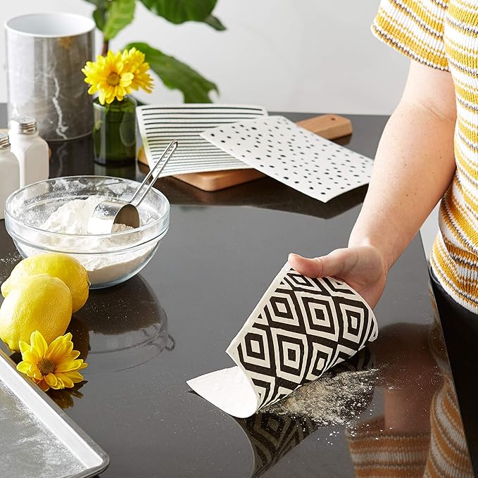 DII Swedish Dishcloths for Kitchen & Cleaning, Reusable, Machine Washable & Dishwasher Safe, Biodegradable, 7.75 x 6.75, Black & White, 3 Piece