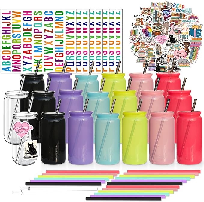 16 oz Plastic Cups Reusable with Lids and Straws & DIY Sticker, 20Pack Acrylic Mason Jars Iced Coffee Drinking Glasses Cup for Park Picnic, Poolside, Party Giveaways, Jelly Color