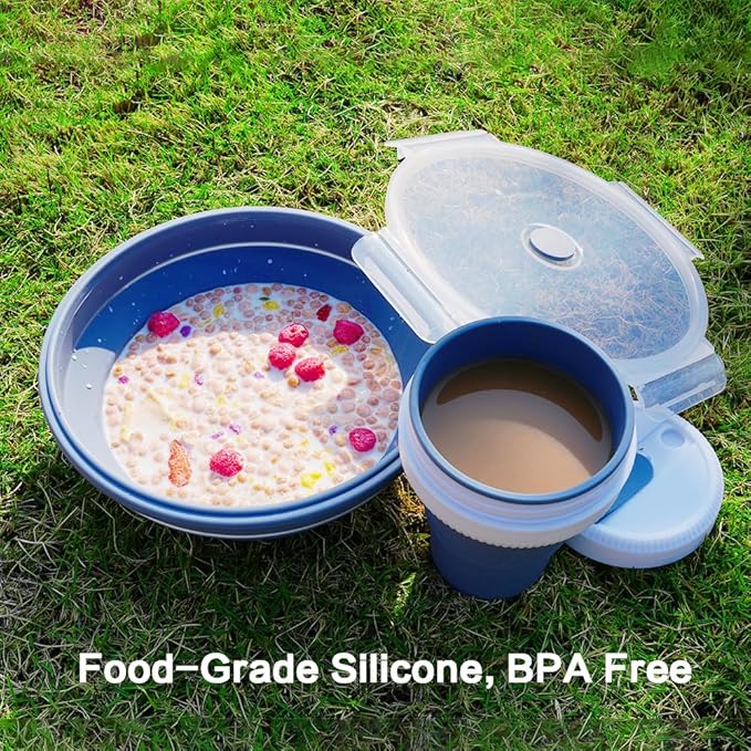 Collapsible Silicone Camping Bowl and Travel Cup Set. For Travel and Camping Microvave and Fridge Food. Suitable for Hot and Cold