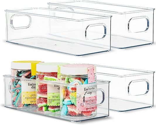 primebox Plastic Food Storage 4 Pack Clear Container Bin with Handles for Organizing Kitchen, Pantry, Fridge, Freezer, Pantry,Bathroom. Stackable. 10"x4"3"