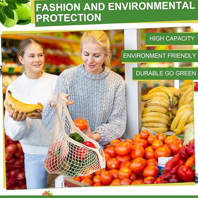 Paterr 4 Pack Cotton Mesh Produce Bags Bulk Reusable Market Bag Washable Net Grocery Purse String Shopping Tote Beach Organizer for Vegetable Fruit Picnic Food Storage (Short Handle,Beige)