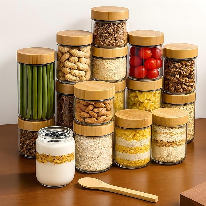 4 Pack 24oz Glass Jars with Bamboo Lids, Spoons, Airtight Overnight Oats Containers, Wide Mouth Mason Jars, Food Storage Container for Yogurt Salad Snacks Spice Sugar Meal Prep – Reusable