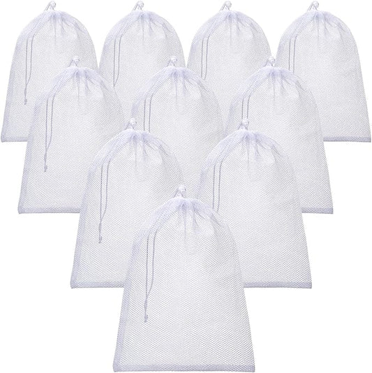 TecUnite 10 Pcs Mesh Bags Drawstring Laundry Bags Large Nylon Mesh Gift Dishwasher Bag with Sliding Drawstring for Kitchen Jewelry Gifts Wedding Favor Home(12 x 16 Inch,White)