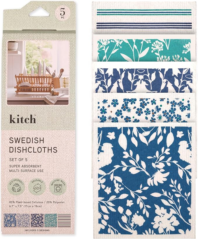 MosJos Swedish Dishcloths, Vintage Plant-Based Cellulose, 6.7x7.5 Inch, Super Absorbent, Multi-Surface, Machine Washable, Reusable, 5 Pack (Blue-Aqua)