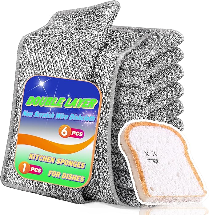 Non Scratch Wire Dishcloth 6 Pack with 1pcs Kitchen Sponges for Dishes, Double Layer Wire Dish Washing Cloth,Powerful Cleaning Non-Scratch Wire Dishcloth Rag for Cookware, Sinks, Dishes, Stove Tops