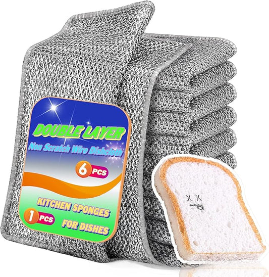 Non Scratch Wire Dishcloth 6 Pack with 1pcs Kitchen Sponges for Dishes, Double Layer Wire Dish Washing Cloth,Powerful Cleaning Non-Scratch Wire Dishcloth Rag for Cookware, Sinks, Dishes, Stove Tops