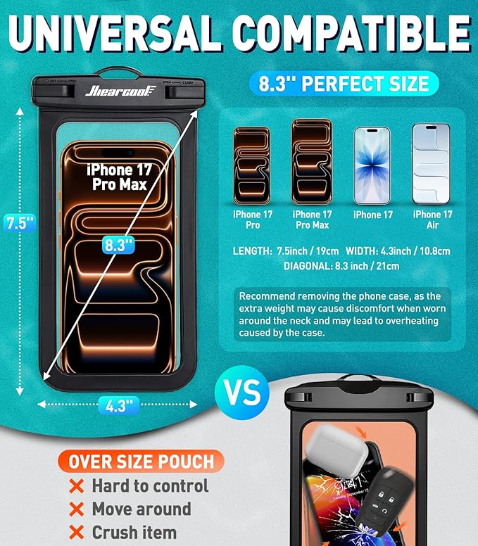 Hiearcool Waterproof Phone Pouch,Waterproof Phone Case for iPhone 17 16 15 14 13 Pro Max Plus up to 8.3",IPX8 Cellphone Dry Bag for Beach Cruise Travel Black&Olive Green-2Pack