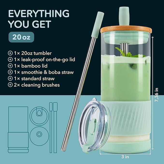 Pandaloo® Glass Cups With Lids and Straws -20 Fl Oz- Perfect Size Iced Coffee Cup - Smoothie Cup With Bamboo Lid and On the go Lid (Sweet Sage, 1 Count (Pack of 1)