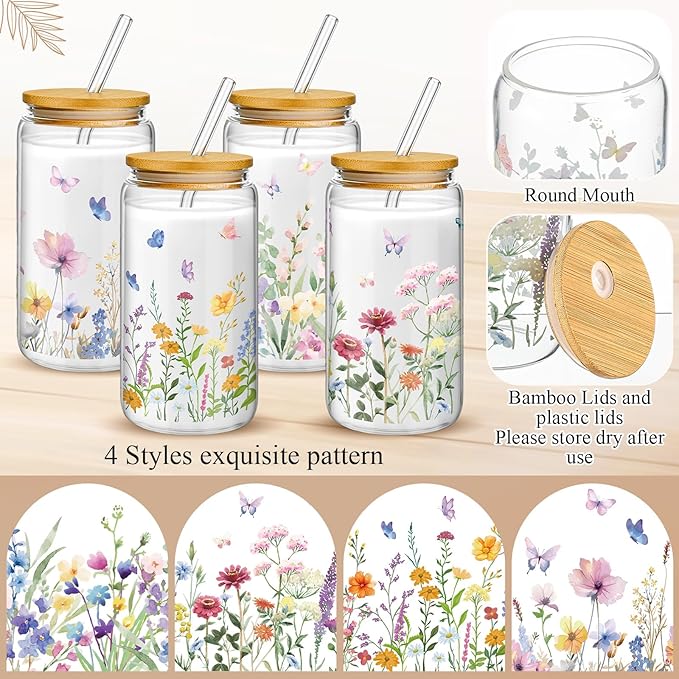 Mumufy 8 Pcs Gift for Women Wild Flower Glass Cup Tumbler Butterfly Iced Coffee Mugs 16 oz Glass with Bamboo Lid & Straw, Christmas Mothers Day Birthday Gift for Mom Sister Bridesmaid Baby Shower