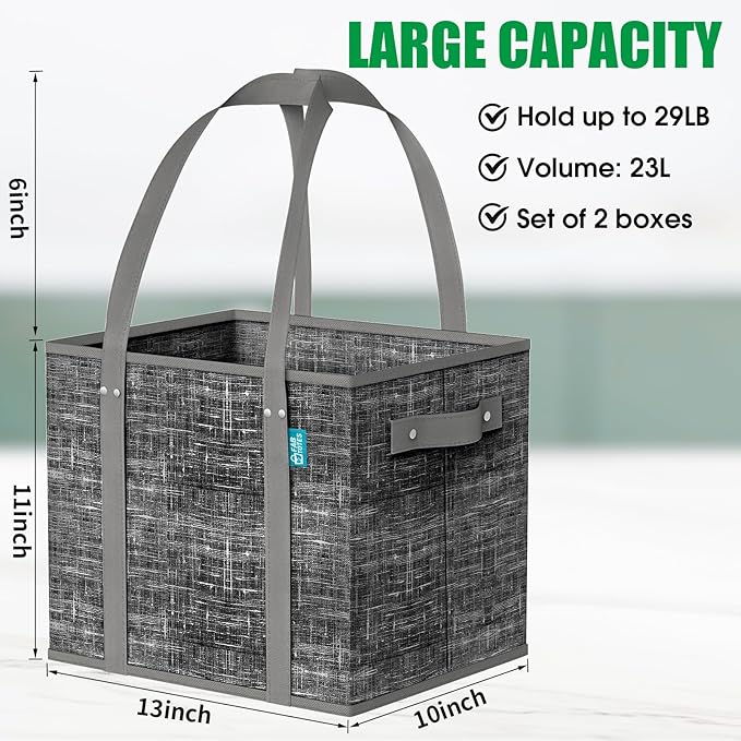 Fab totes Reusable Grocery Bags, Large Foldable Shopping Tote Bags with Reinforced Handles & Hard Bottom,Water Resistant Grocery Bags for kitchen,Picnic,2 Pack, Black