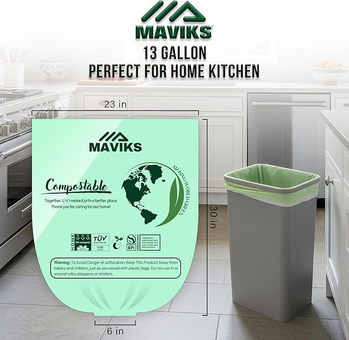 Super Durable Biodegradable Compostable Trash Bags 13 Gallons / 49.2 Liter, Green Biodegradable Trash Bags 80 Pcs, Small Kitchen Compost Bags for Countertop Bin, BPI & OK Compost Certified