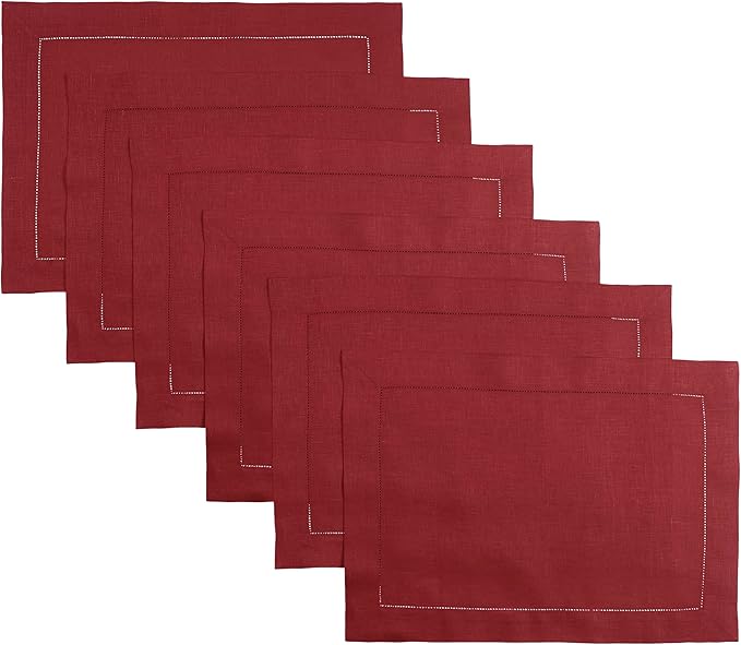 D'Moksha Homes Red Linen Placemats Set of 6 - Classic Hemstitch Placemats 14 x 19 Inch - 100% Pure Linen Table Mats for Winter, Christmas, Holiday - Handcrafted and Machine Washable