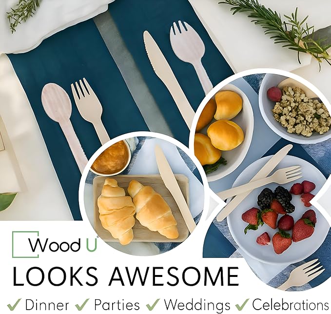 Disposable Wooden Forks by WoodU | 100% All-Natural, Eco-Friendly, Biodegradable, and Compostable - Pack of 100-6.5" forks cutlery utensils