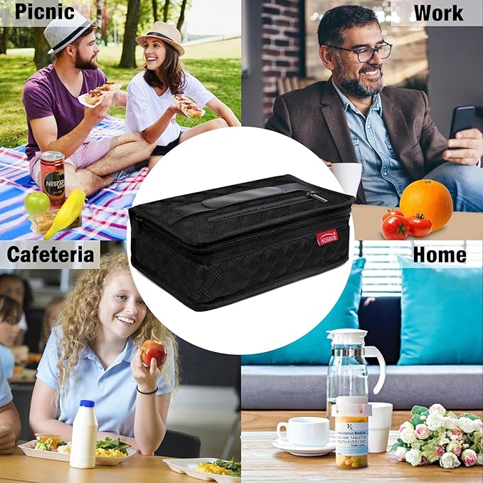 Aosbos Small Insulated Lunch Bag - Compact Lunch Box for Portion Control, Work & Office, Black Quilted