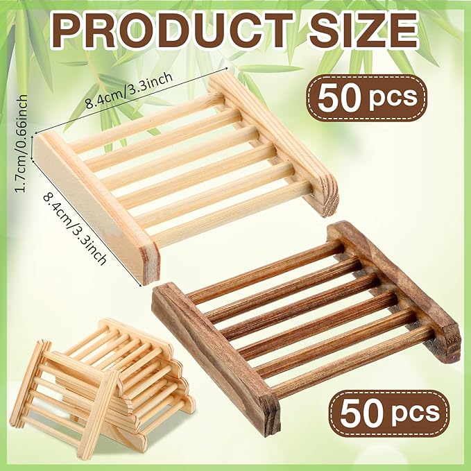 Amyhill 100 Pcs Bamboo Wood Soap Dish Bulk Bathroom Wooden Soap Holder Savers Self Draining Dishes Handcraft Tray, 3.3 x 3.3 x 0.67 Inch (Wood Color,Charcoal Color)