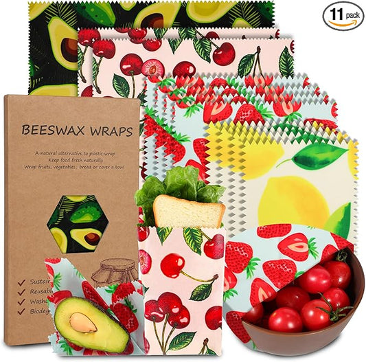 Reusable Beeswax Wrap, 11 Pack Eco-Friendly Beeswax Wraps For Food, Organic, Sustainable, Biodegradable, Zero Waste, Plastic-Free Food Storage, 1L Avocado, 2M Cherry, 4S Strawberry, 4XS Lemon Patterns