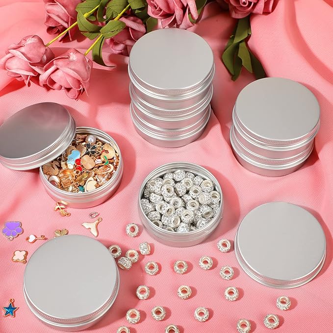 Patelai 64 Pieces Lip Balm Tin Containers Screw Top Round Tin Cans Aluminum Jar with Screw Lid, Empty Bottle Travel Cosmetic Sample Container for DIY(2 oz,Silver)