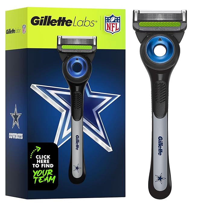 Gillette Labs Special NFL Cowboys Edition Shaving Razor for Men - 1 Handle, 4 Razor Blade Refills & Magnetic Stand, Holiday Gifts for Men, GilletteLabs with Exfoliating Bar