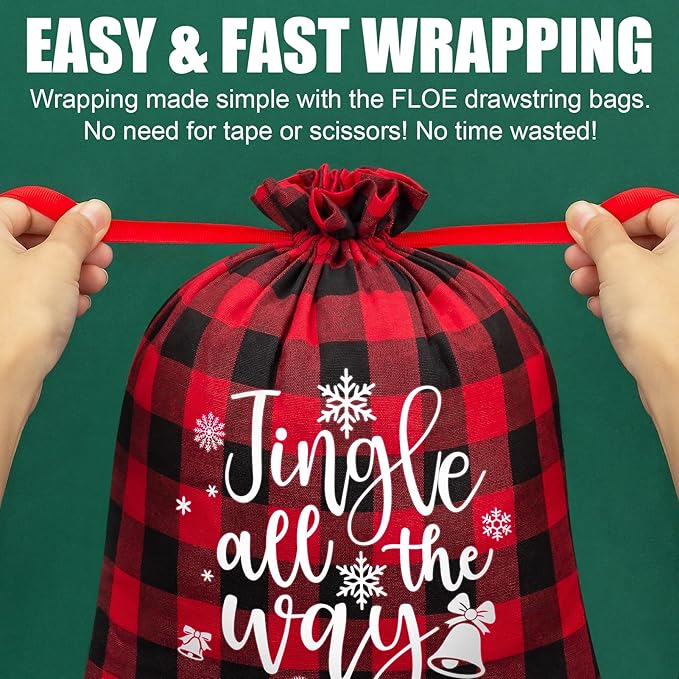 10 PCS Christmas Drawstring Gift Bags with Tags, Buffalo Plaid Xmas Gift Bags Assorted Sizes Bulk, Cotton Fabric Holiday Gift Bag Large Medium Small Wrapping Bag for Xmas Presents Decor Party Favors