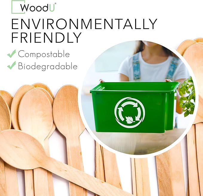 Disposable Wooden spoon by WoodU | 100% All-Natural, Eco-Friendly, Biodegradable, and Compostable - Pack of 100-6.5" best wooden spoons for eating