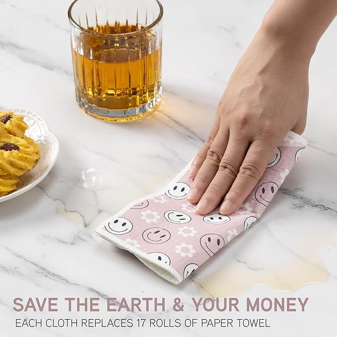 COOK WITH COLOR Eco-Friendly Reusable Swedish Dishcloths for Kitchen - Pack of 8 Reusable Paper Towels, Biodegradable Cellulose Sponge Cloths- Assorted Designs and Colors, Pink Floral