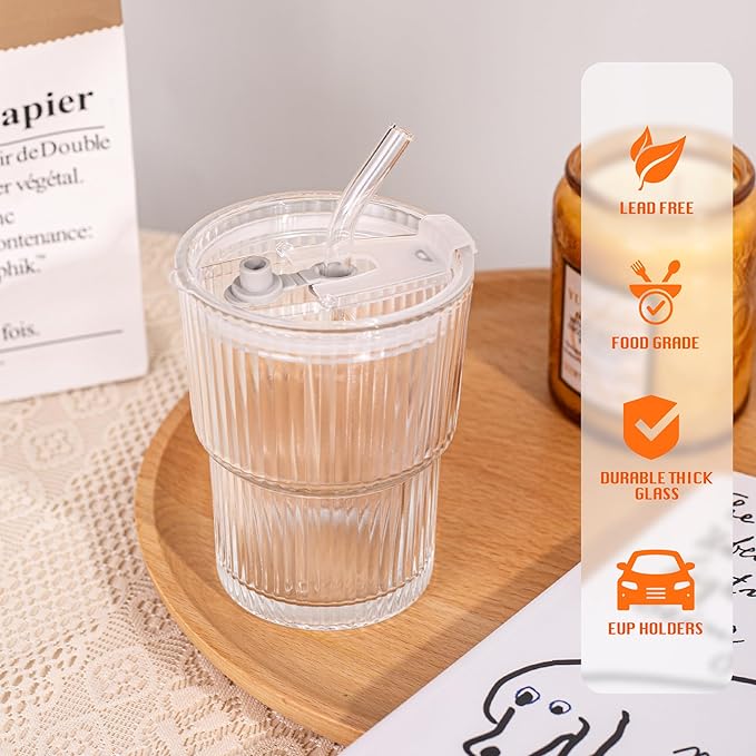 13oz/400ML Glass Tumbler with Straw and Lid Ribbed Vertical Ice Coffee Cups Sealed Carry on for Coffee Iced Tea, Thick Wall Glassware Tumbler Water Glass (Clear 2pcs)
