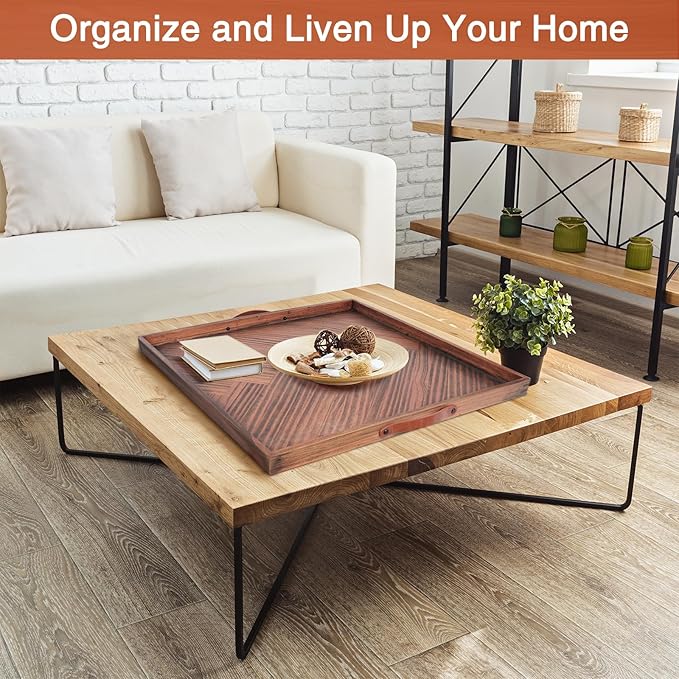 Large Ottoman Wood Trays, Wooden Serving Tray with Handles, Large Ottoman Tray, Square Wooden Serving Tray for Coffee Table, Living Room and Kitchen, 24 x 24 inch