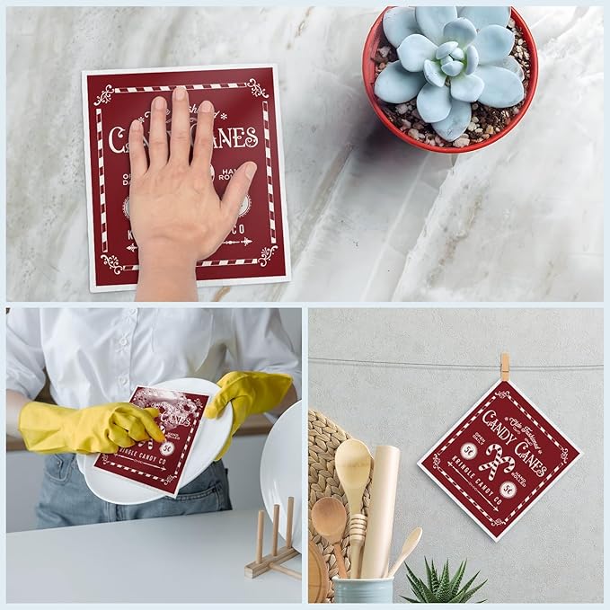 Christmas Swedish Dishcloths for Kitchen, Christmas Xmas Red Kitchen Dish Towels for Washing Dishes, 4 Pack Reusable Paper Towels, Sponge Cloths for Winter Holiday Baking Cooking Home Cleaning