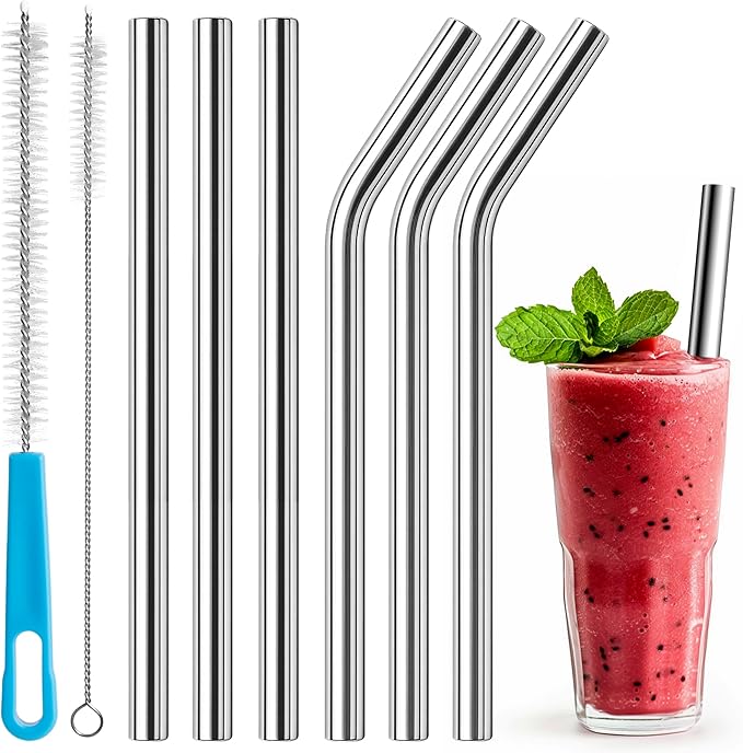 8.5 in Stainless Steel Smoothie Straws, 0.47" Extra Wide Reusable Metal Drinking Straws for Milkshake, Bubble Tea, Beverage, Straight & Bent Straws