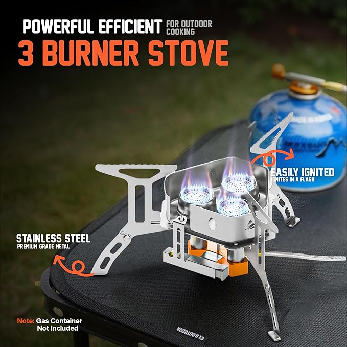 5000W Camping Stove, Backpacking Windproof Camp Stove with Piezo Ignition Carrying Case and 2 Additional Adapters, Compatable with Isobutane, Propane, Butane Tanks, Portable and Collapsible