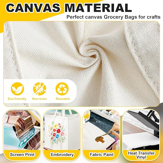 Amylove 12 Pack Canvas Tote Bag Canvas Grocery Bag Large Reusable Heavy Duty Shopping Pouches Bulk with Handle 15 x 13 x 10''
