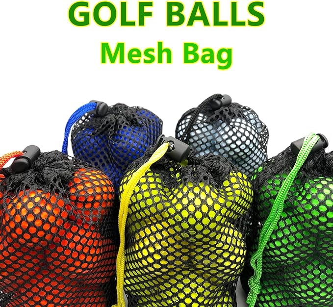 JKL 5 Pack Small Golf Ball Bags, Golf Mesh pouch,Sports Net, Round Storag,little nylon mesh bag,Colorful Drawstring mesh Bags for accessories（Red Yellow Blue Green Black）