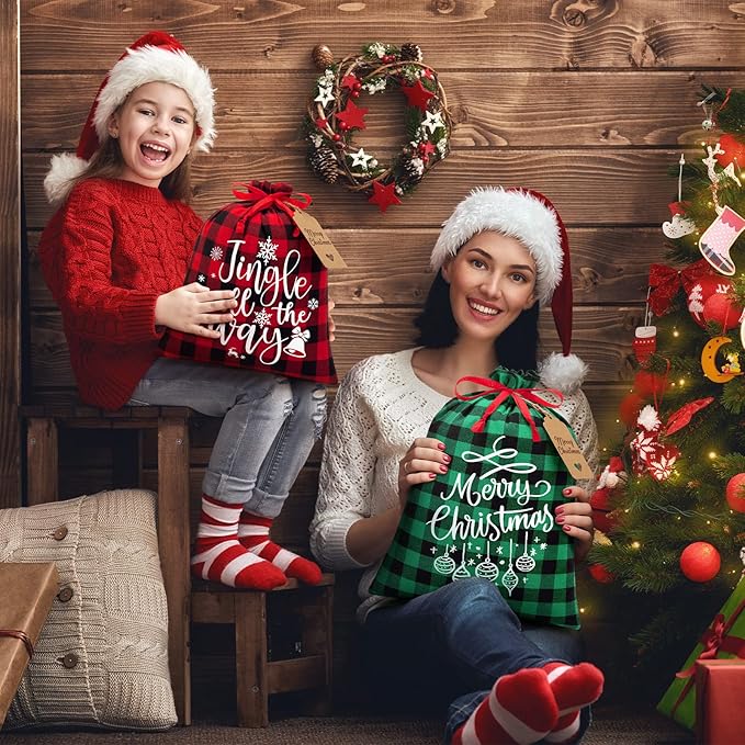 10 PCS Christmas Drawstring Gift Bags with Tags, Buffalo Plaid Xmas Gift Bags Assorted Sizes Bulk, Cotton Fabric Holiday Gift Bag Large Medium Small Wrapping Bag for Xmas Presents Decor Party Favors